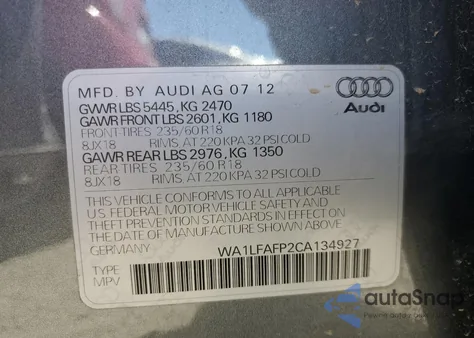 2012 Audi Q5 Premium Plus from USA, damaged, VIN WA1LFAFP2CA134927